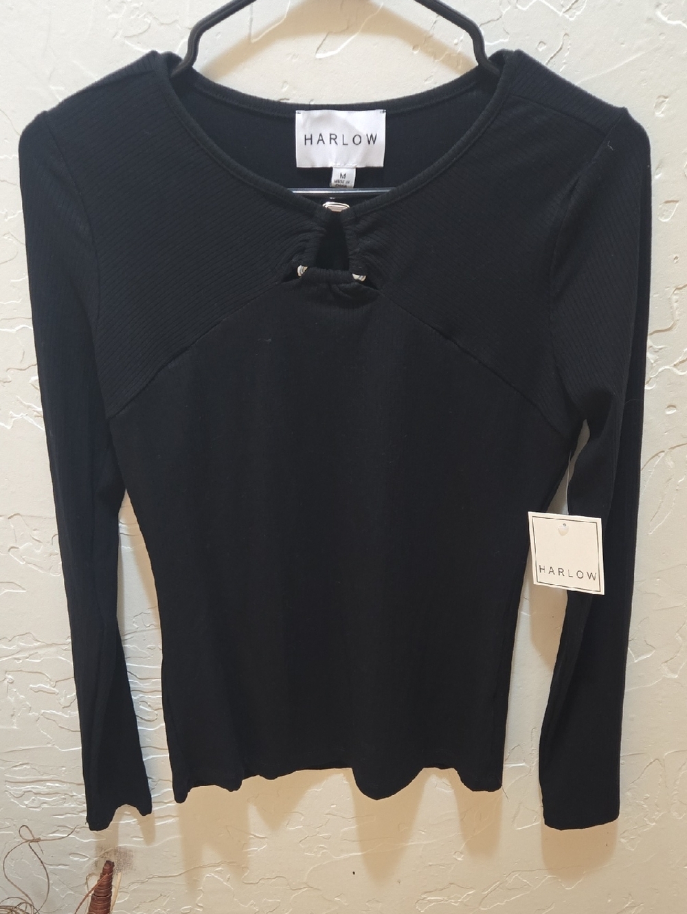 Harlow Black Long-Sleeve Knit Top with Front Ring Keyhole